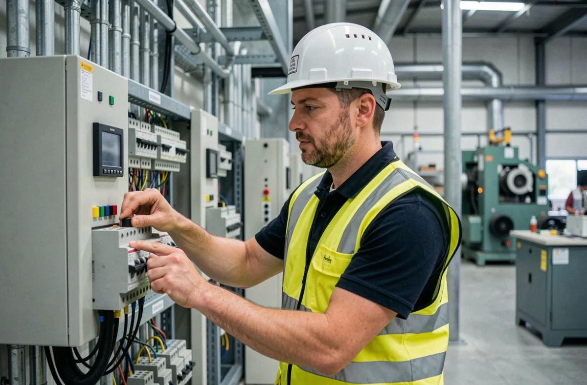 Électricien industriel et tertiaire ADEC inspectant un tableau électrique dans une usine en Touraine