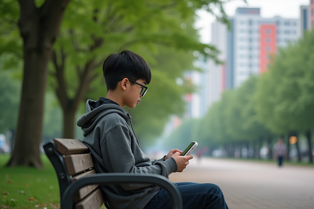 Adolescent lisant manga sur téléphone dans un parc urbain