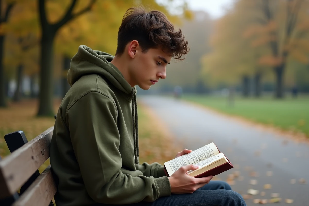 Adolescent lisant un Coran bilingue arabe-français assis sur un banc de parc en automne
