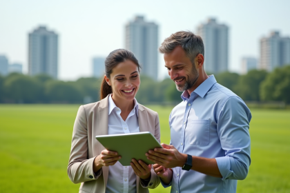 Agent immobilier souriant avec client regardant un plan sur tablette