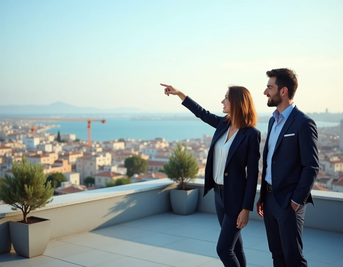 Agents immobiliers sur une terrasse rénovée avec vue sur les toits de Marseille Nord et la mer Méditerranée