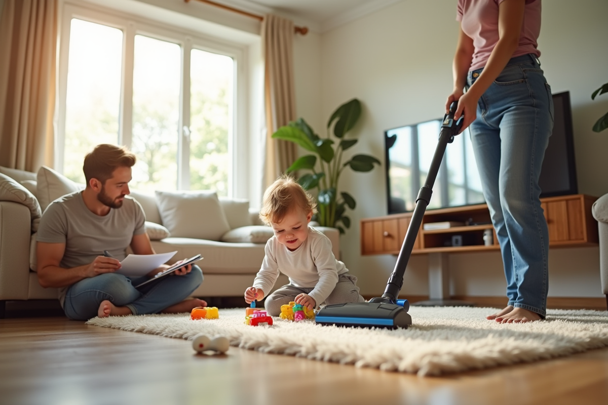 Aide à domicile aspirant le tapis dans un salon cosy
