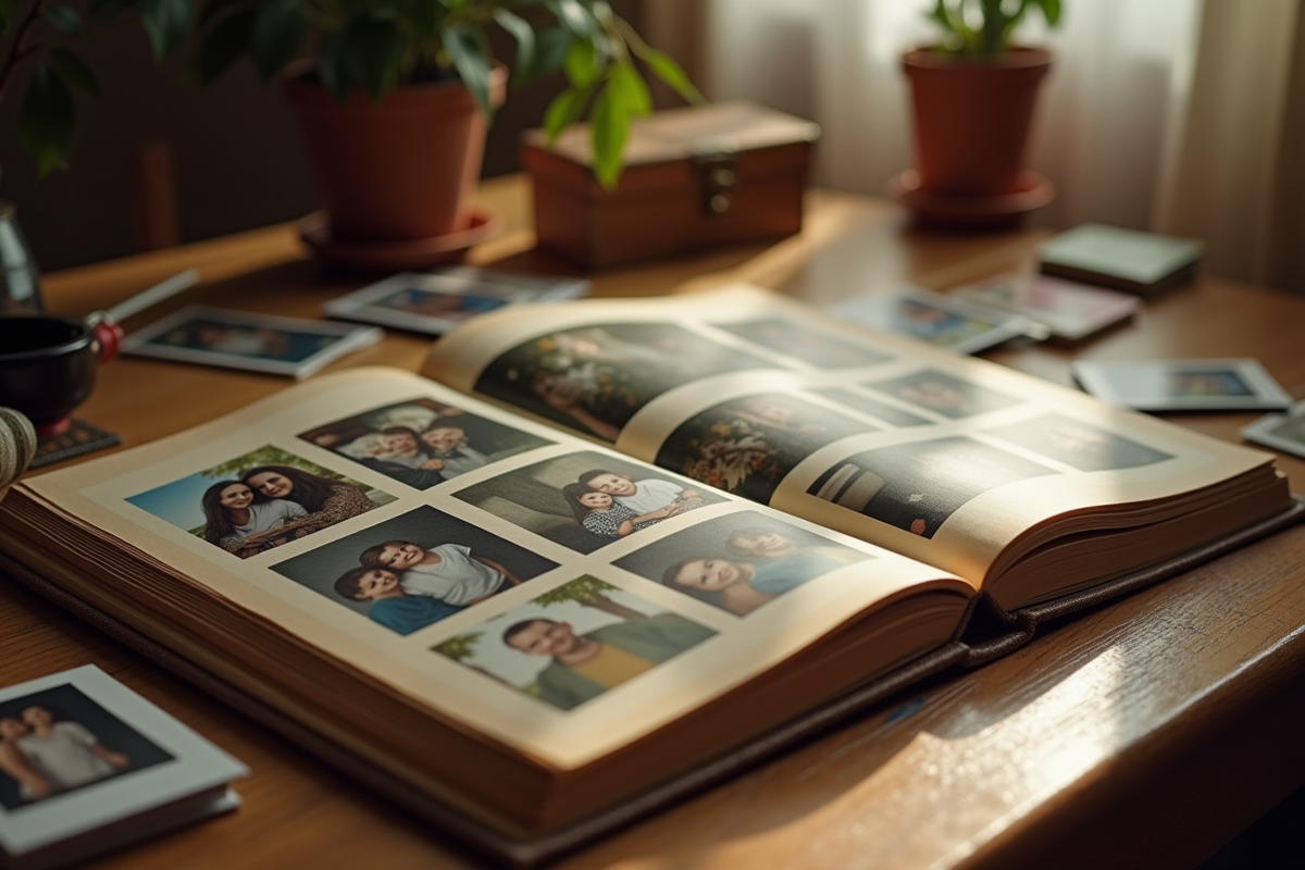 Album photo familial ouvert sur une table en bois avec souvenirs
