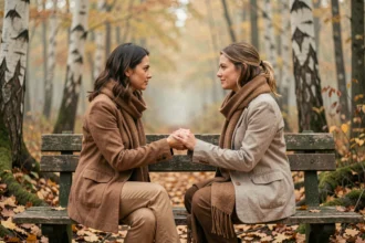 Deux femmes connectées spirituellement se tenant les mains dans une forêt d'automne, symbolisant le lien d'âme sœur