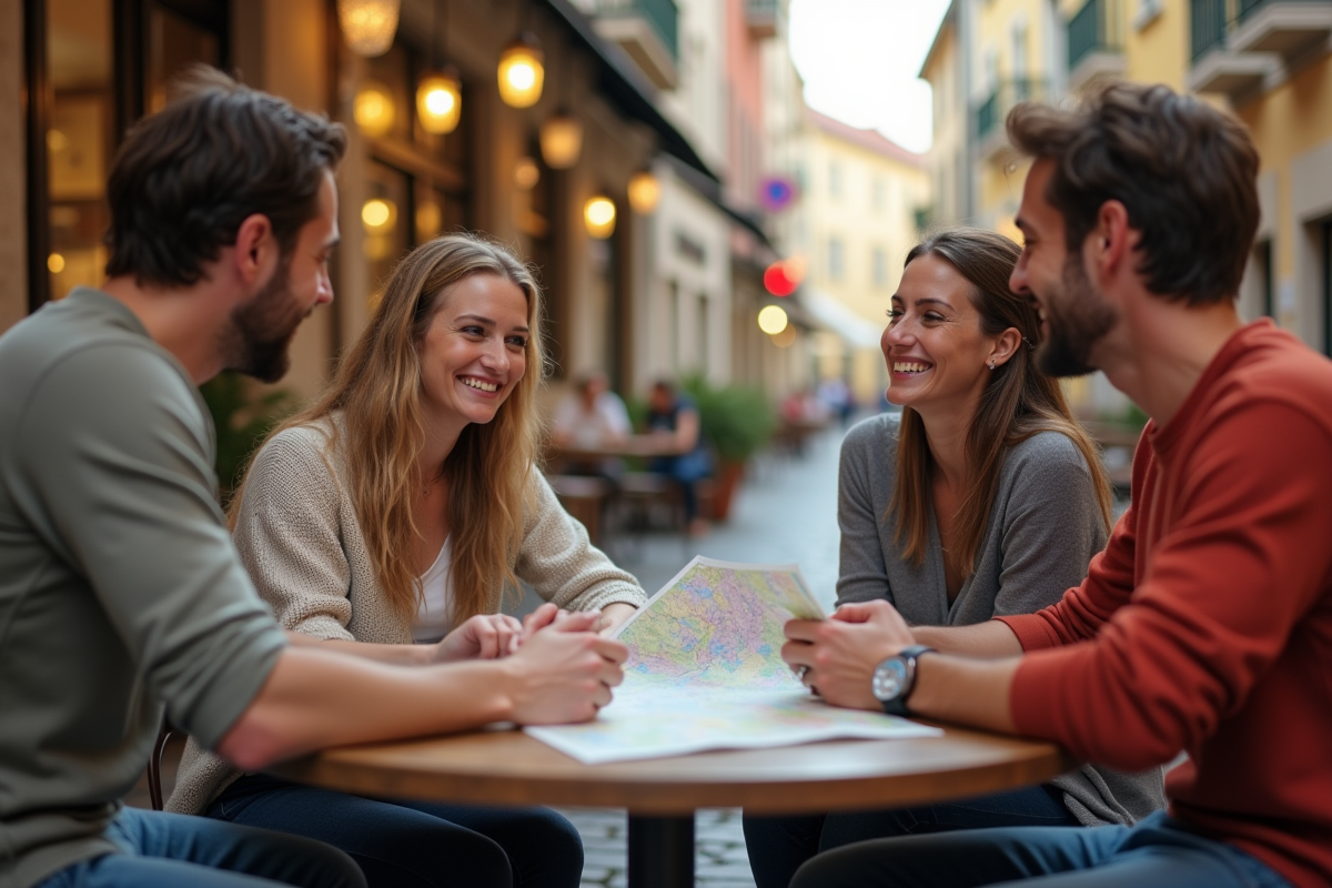Amis autour d une table de café en rue européenne en journée