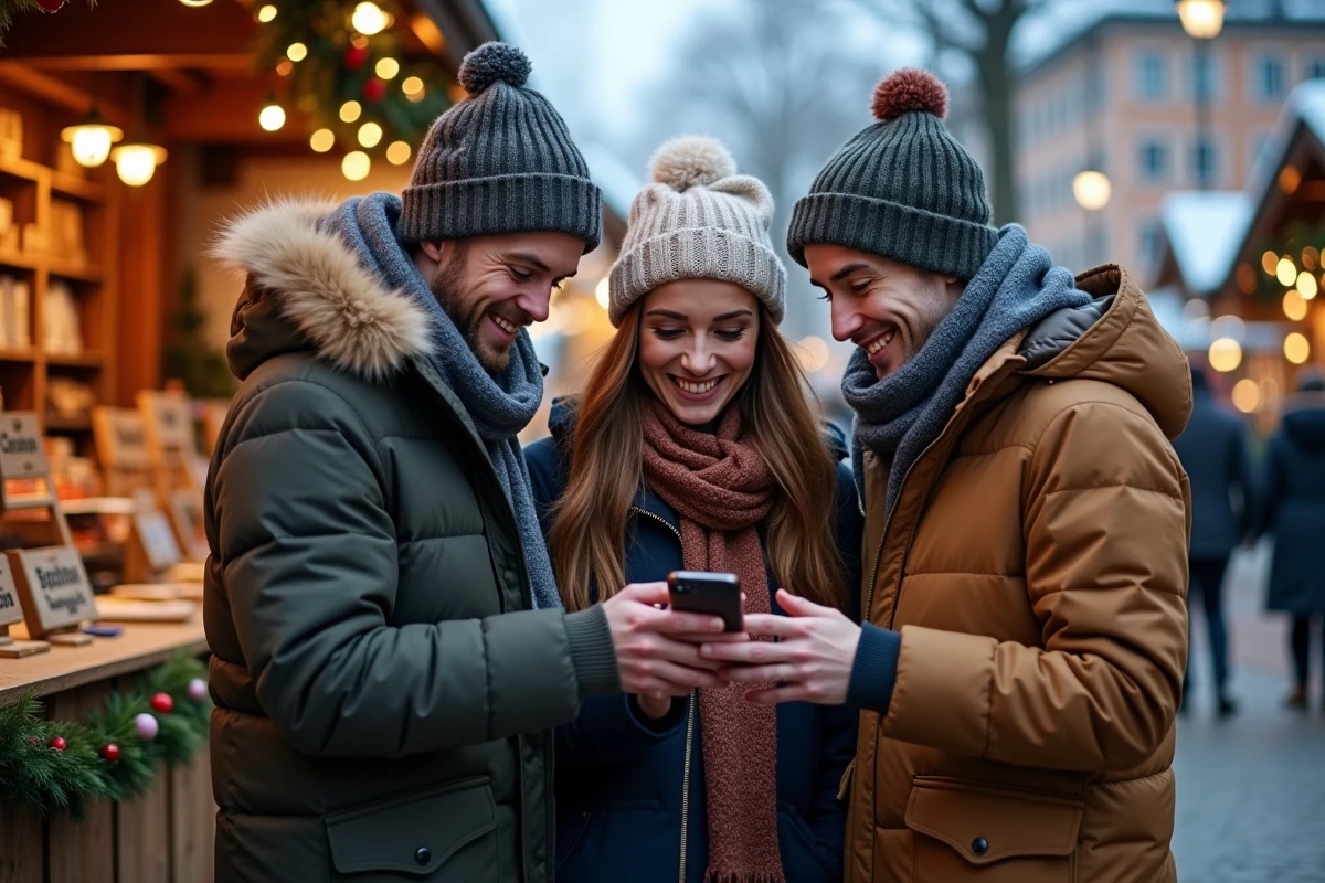 Groupe d'amis hilares regardant une citation de Noël humoristique sur un téléphone dans un marché de Noël en plein air