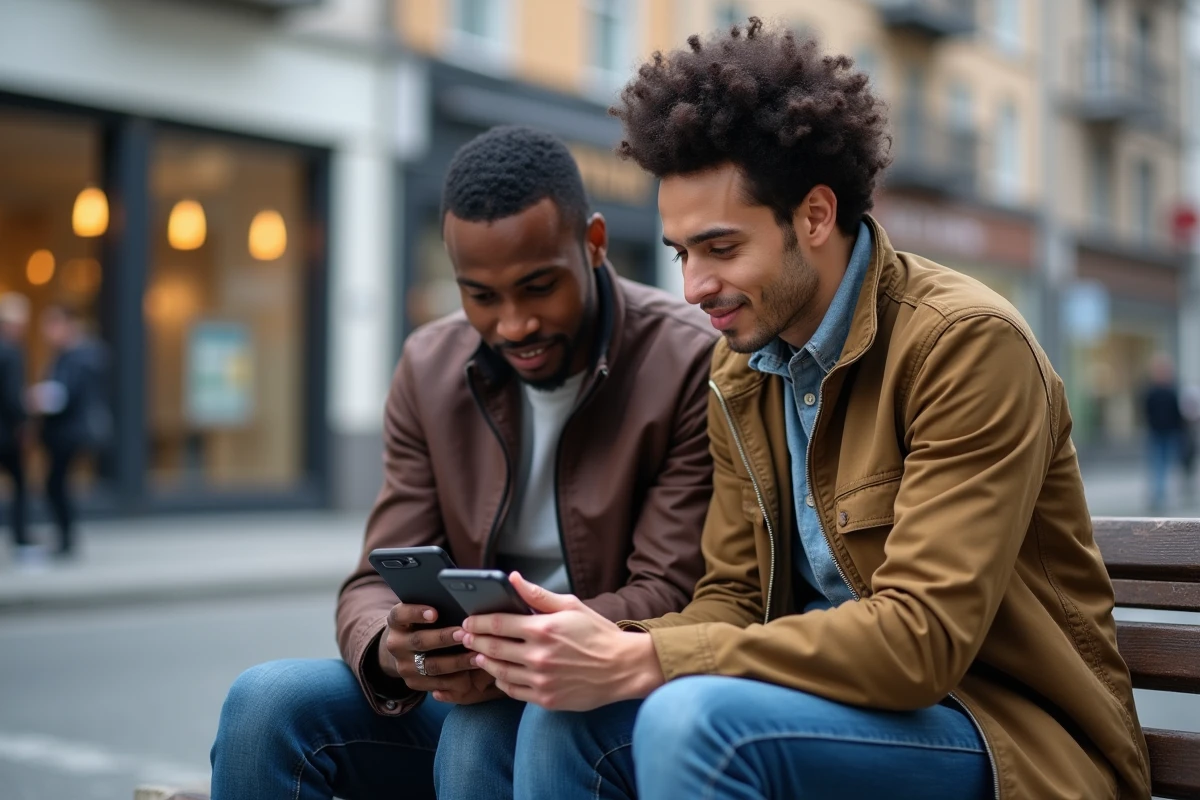 Deux amis comparant les offres d'appels internationaux prépayés sur smartphone en ville