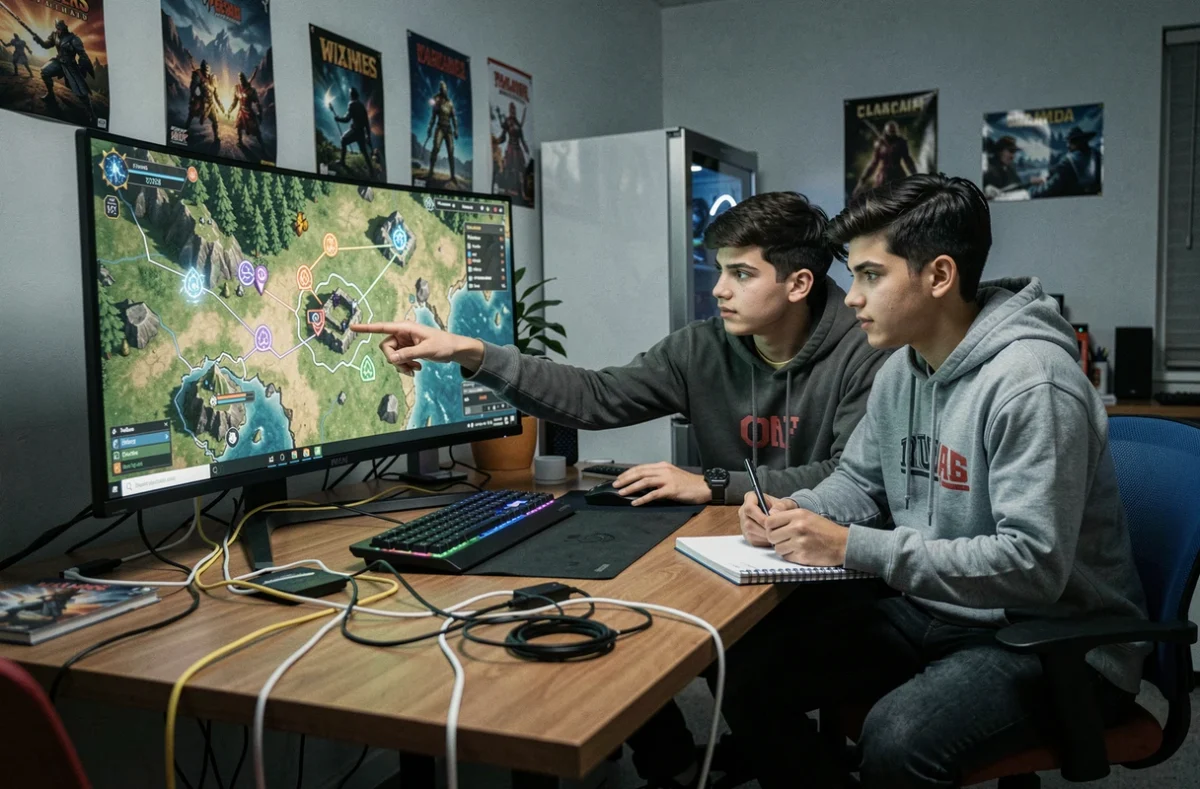 Deux amis gamers collaborant pour localiser des portails sur une carte de jeu RPG