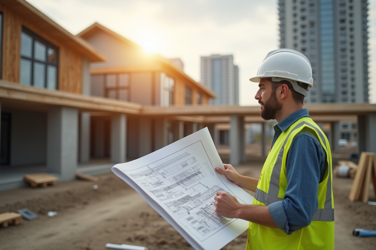 Architecte avec plans devant un chantier écologique