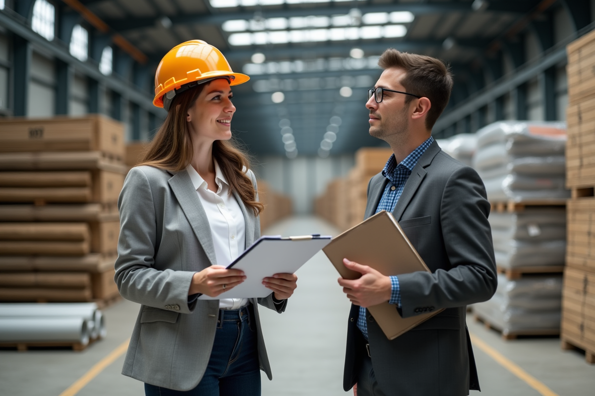 Jeune femme architecte discutant avec un vendeur dans un dépôt de matériaux