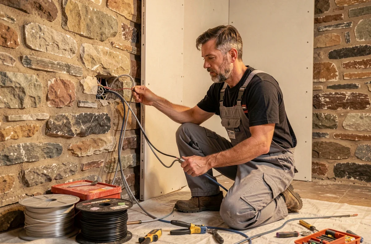 Électricien AREL réalisant des travaux de rénovation électrique dans un appartement à Tours