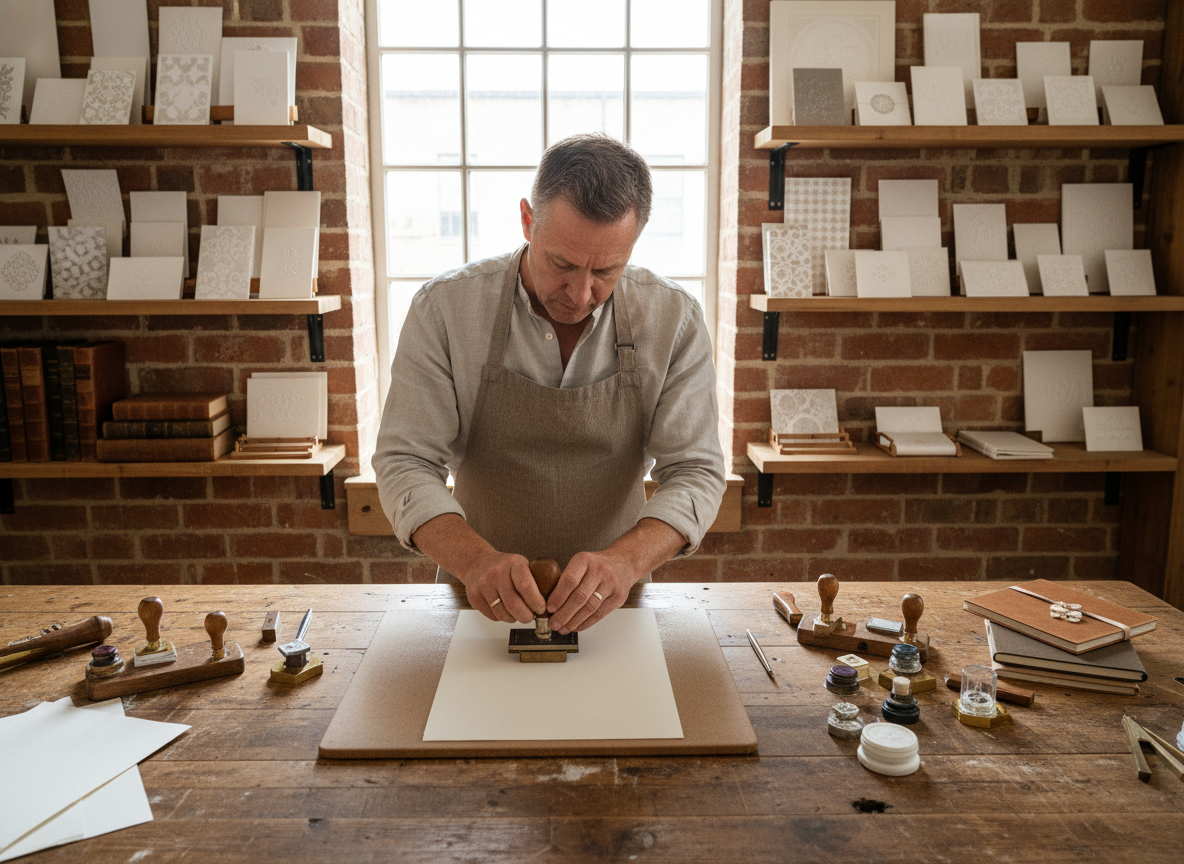 Artisan embossant du papier coton dans son atelier