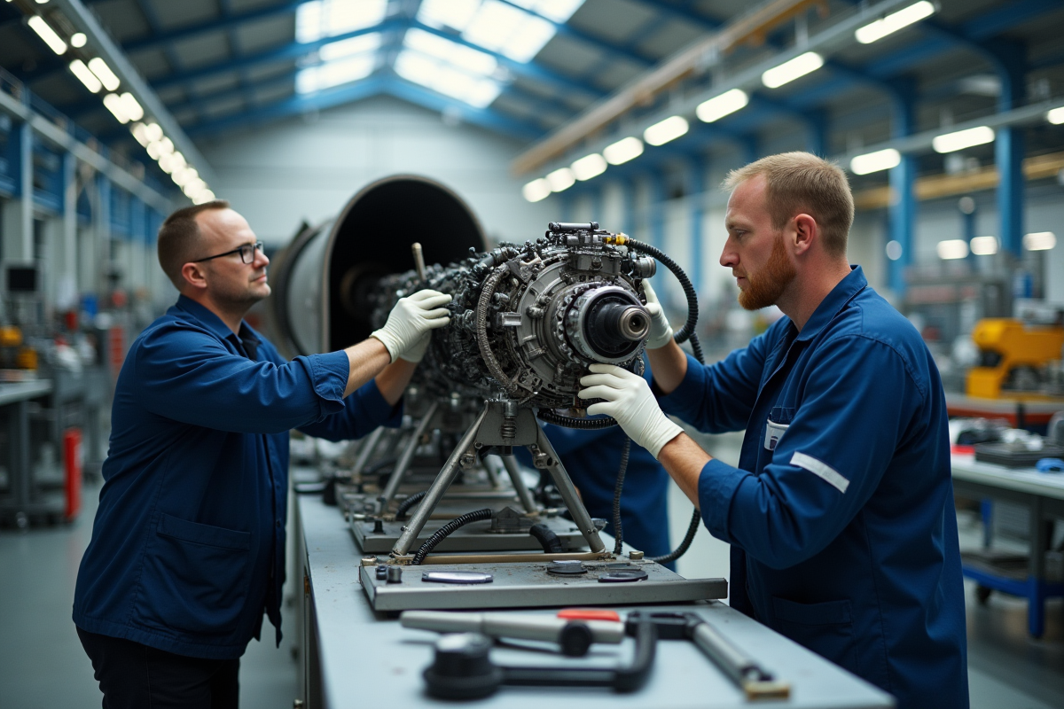 Ingénieurs britanniques assemblant un moteur à réaction dans un atelier