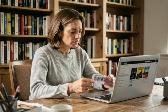 Femme attribuant un ISBN à un ebook sur son ordinateur portable dans un bureau à domicile entouré de livres
