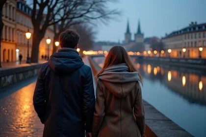 Couple se promenant le long des quais de Saône à Lyon en hiver avec les reflets des façades de Vieux-Lyon sur l'eau