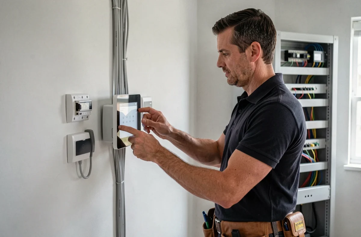 Technicien BEREAU installant un système domotique et courant faible dans une maison moderne