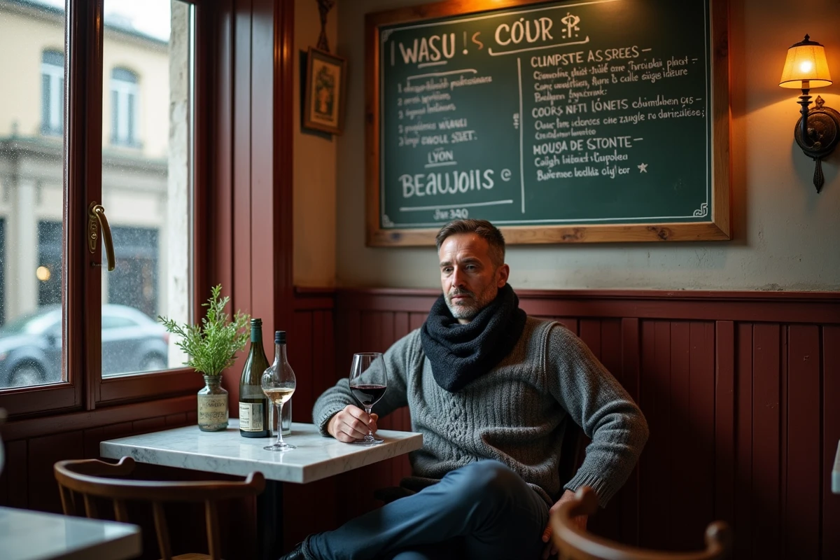 Homme savourant un verre de Beaujolais dans un bouchon lyonnais typique en soirée d'hiver