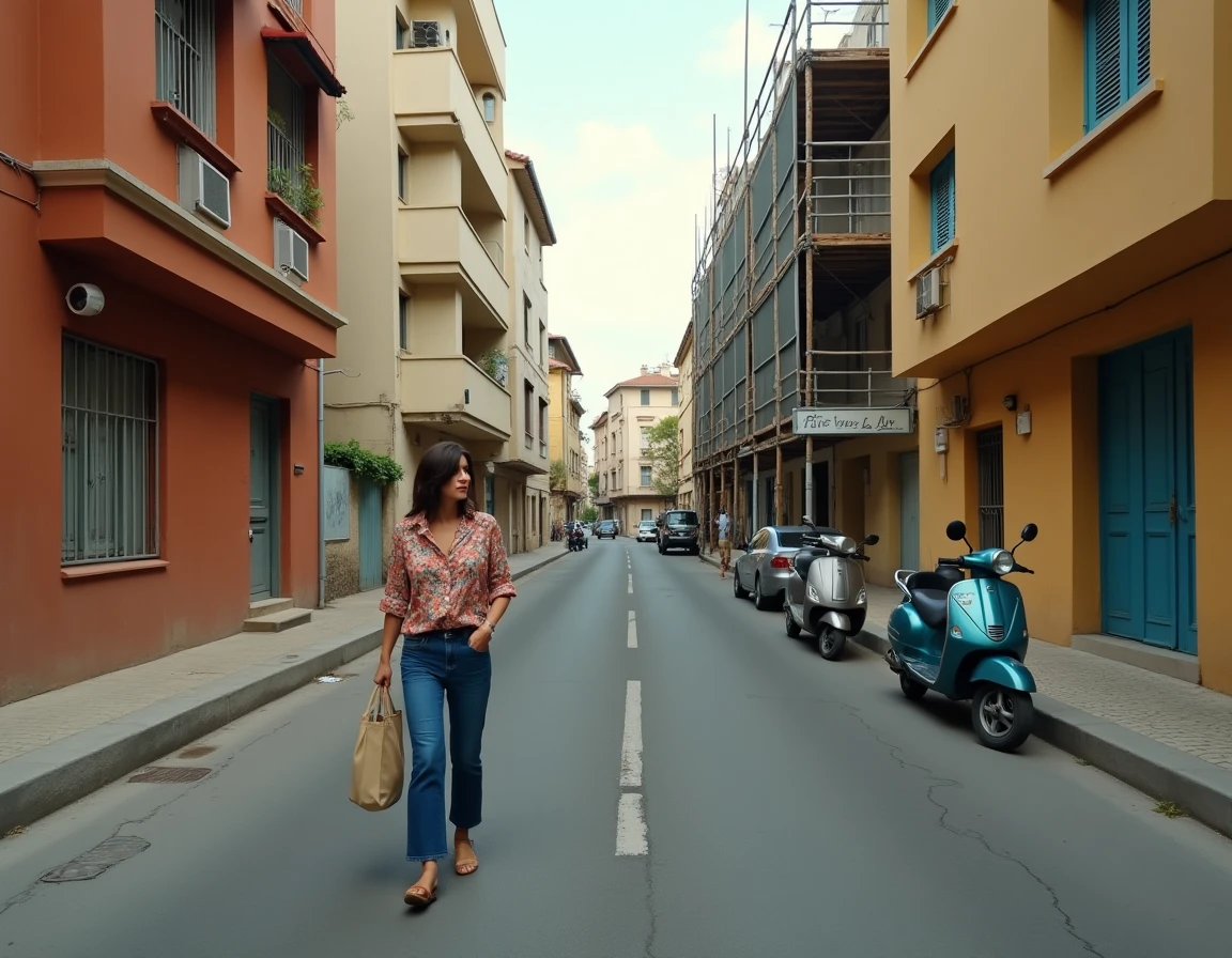 Boulevard résidentiel de Marseille Nord montrant des immeubles en rénovation et une habitante du quartier