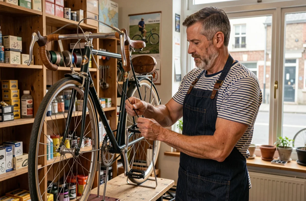 Propriétaire de Bouticycle Dieppe inspectant les câbles de frein d'un vélo de randonnée dans sa boutique indépendante