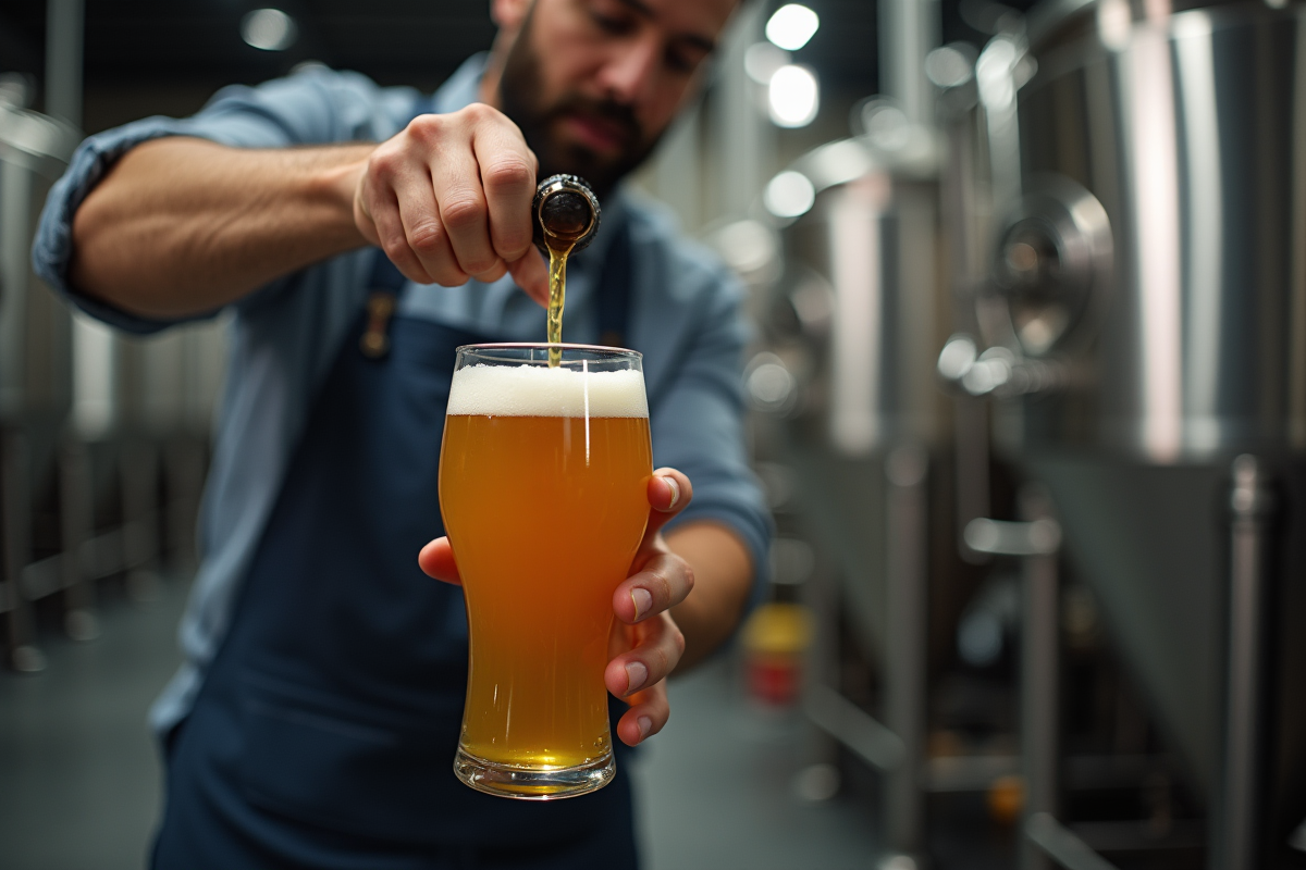 Brasseur versant une IPA dorée dans un verre en brasserie moderne