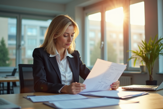 Femme d'affaires examinant des documents financiers dans un bureau lumineux