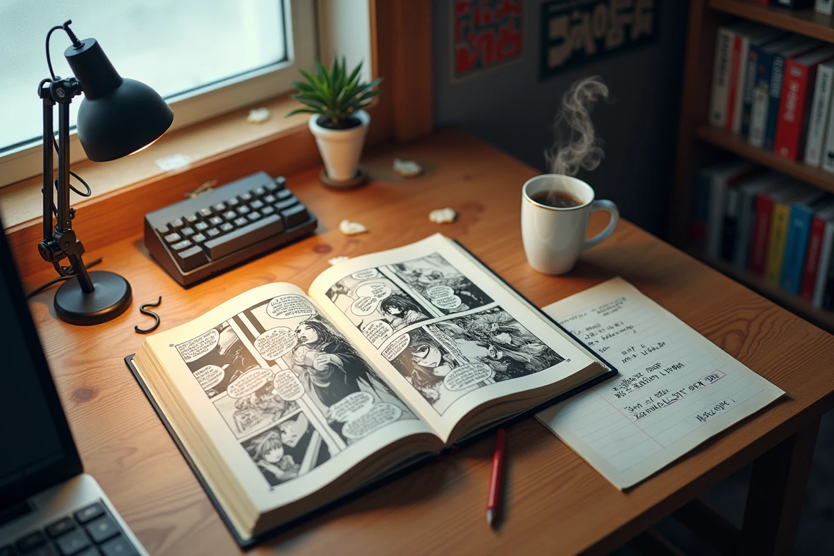 Bureau de lecteur manga avec un chapitre One Piece ouvert, notes de traduction et tasse de café, ambiance scan communautaire 2026