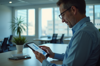 Espace de bureau moderne avec professionnel utilisant une tablette pour échange sécurisé