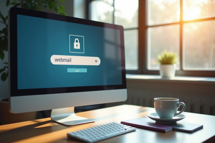 Espace de travail avec écran de webmail sécurisé et café