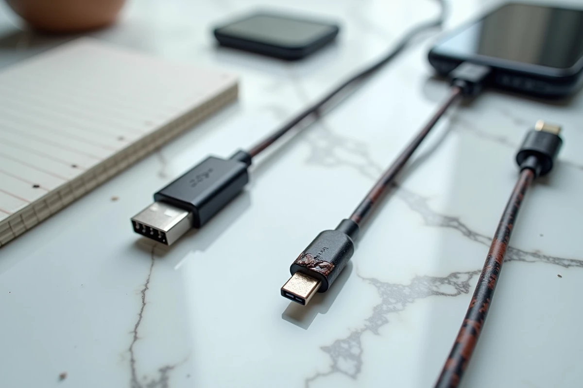 Vue aérienne de plusieurs cordons de téléphone portable endommagés sur un bureau en marbre blanc
