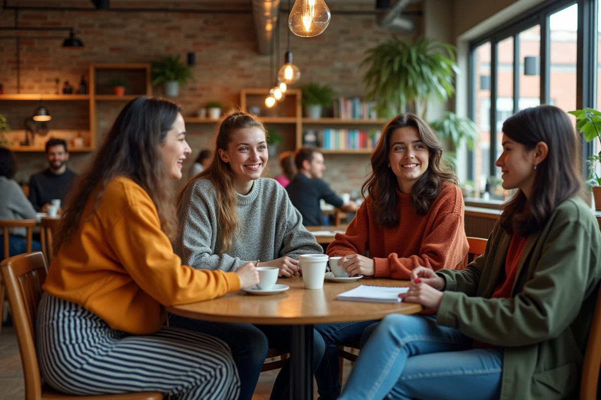 Groupe de jeunes et adultes dans un café convivial