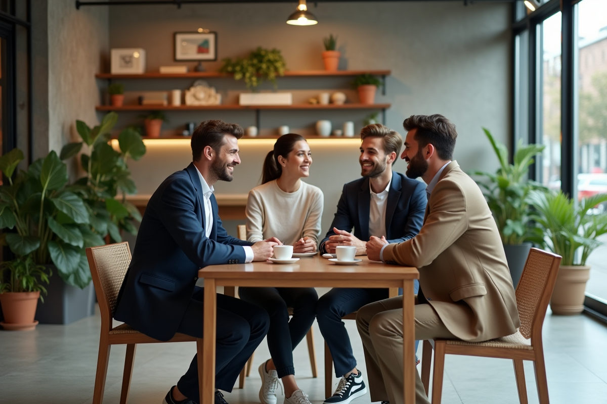 Groupe d amis en tenues décontractées au café