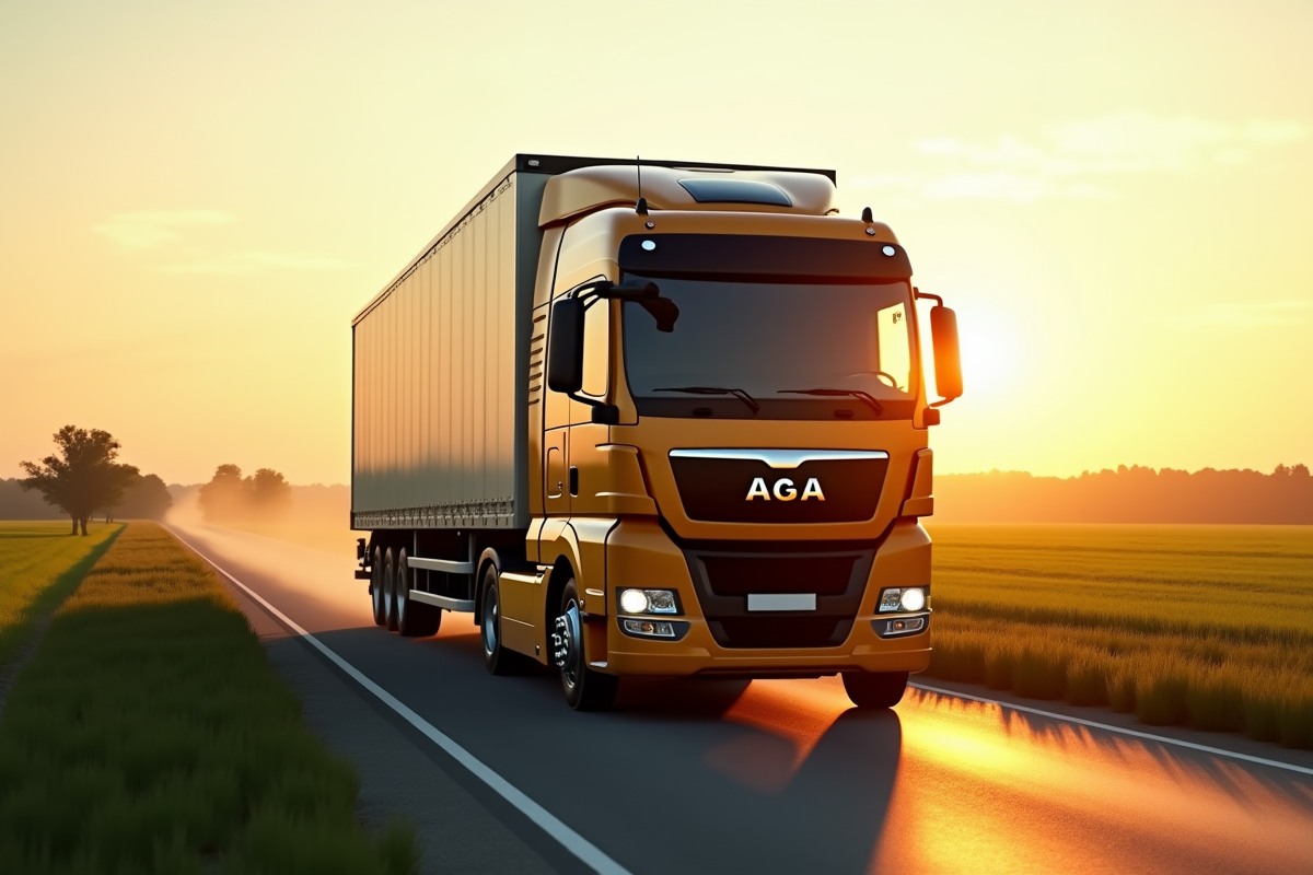 Camion semitrailer d occasion circule sur une route rurale au coucher du soleil