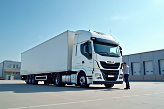 Camion semitrailer moderne stationne dans une zone industrielle ensoleillee