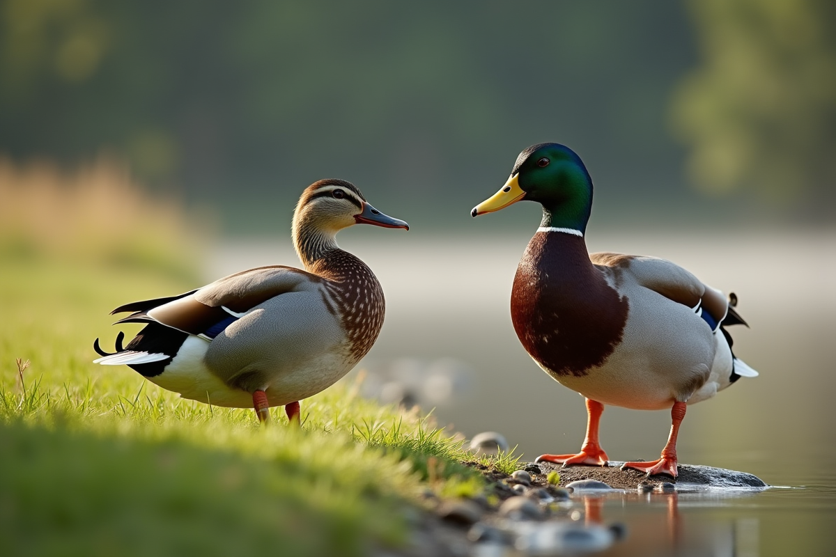 Canard femelle et male sur la rive en matinée
