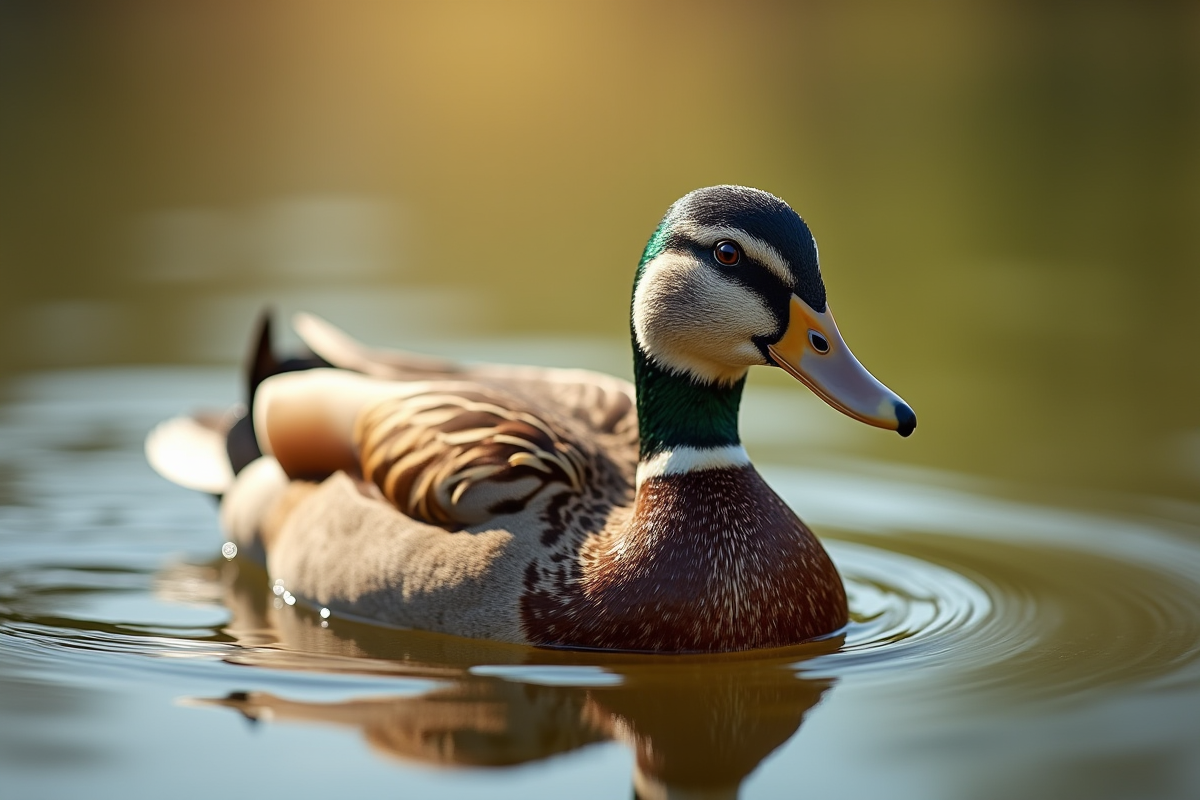 Canard femelle nageant sur un étang ensoleille