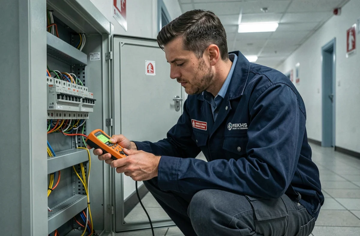 Électricien CARELEC effectuant un dépannage rapide sur un tableau électrique dans un bâtiment commercial
