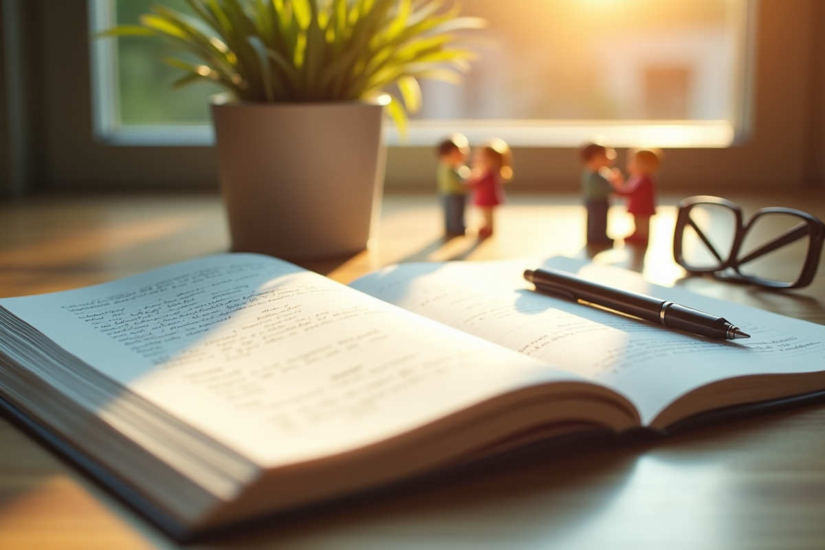 Carnet avec notes et lunettes dans une ambiance matinale douce