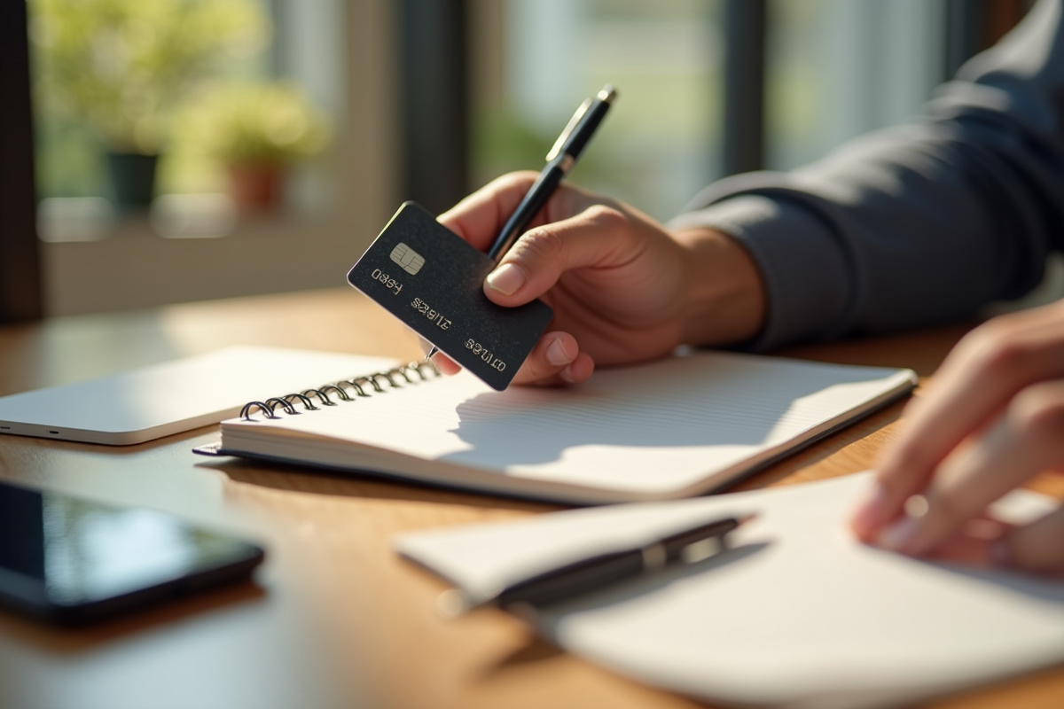Main tenant une carte bancaire sur un bureau en bois