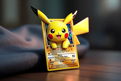 Carte Pokémon Pikachu ex Étincelles Déferlantes en gros plan avec reflets holographiques sur surface en bois sombre