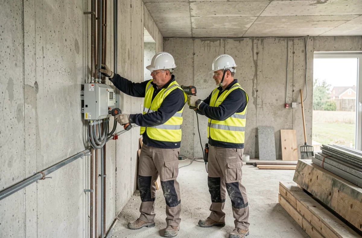 Électriciens CELEC posant des installations électriques neuves dans un bâtiment en construction en Indre-et-Loire
