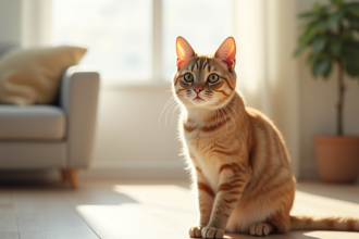 Chat beige attentif dans un salon lumineux
