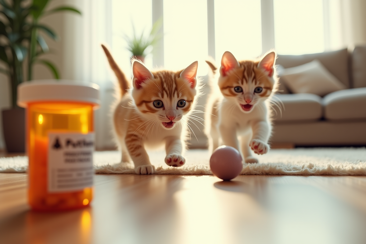 Deux chatons jouant avec un jouet dans le salon