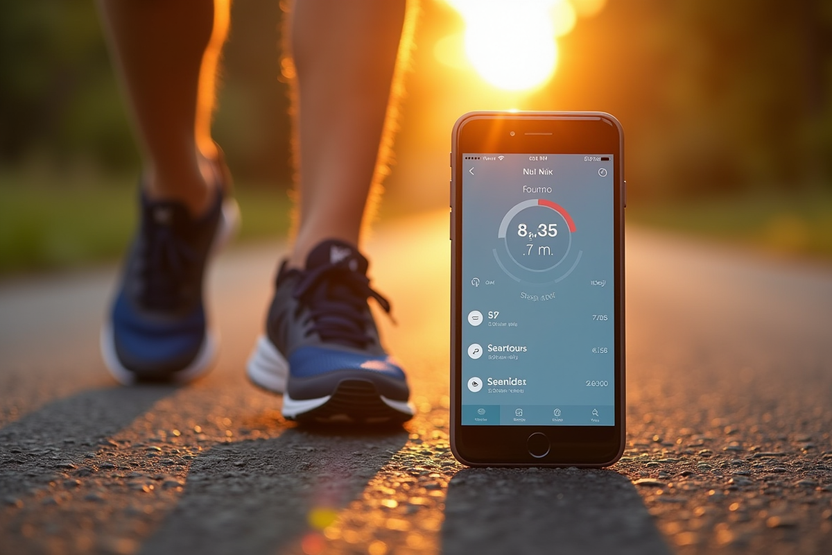 Chaussures de course sur un sentier avec smartphone affichant une conversion pas-kilometres