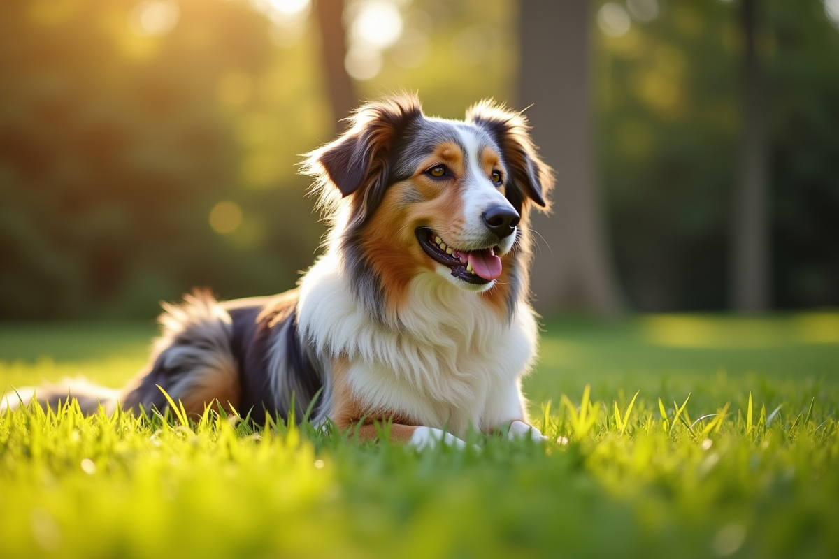 Chien australien âgé reposant sur une pelouse verte ensoleillée