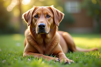 Beauceron Labrador allongé dans un jardin ensoleille