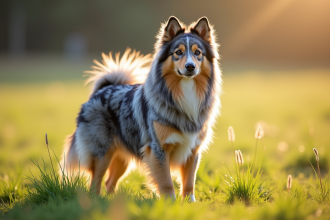 Chien merle et cuivre dans un champ ensoleille