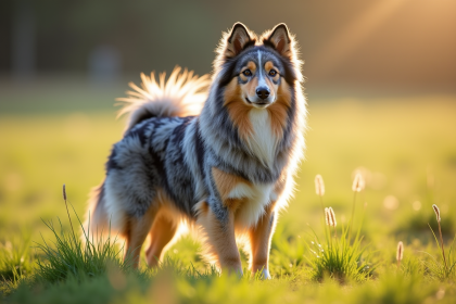Chien merle et cuivre dans un champ ensoleille