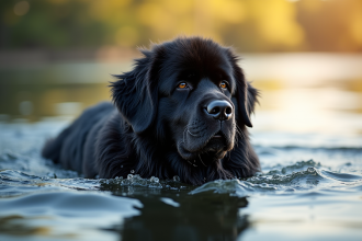 Chien Newfoundland nageant dans un lac ensoleille