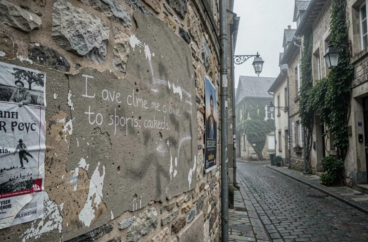 Citation à la craie sur un mur de pierre d'une vieille rue pavée française, ambiance littéraire inspirée de l'univers de Rimbaud