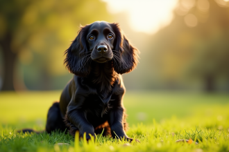 Cocker spaniel noir assis dans un parc ensoleille